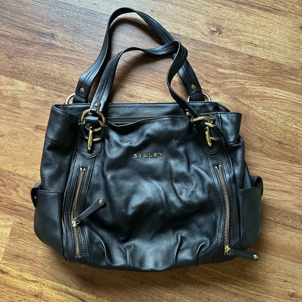 SISLEY Black Genuine Leather Tote Bag | Gold Hardware | Large Shoulder Purse